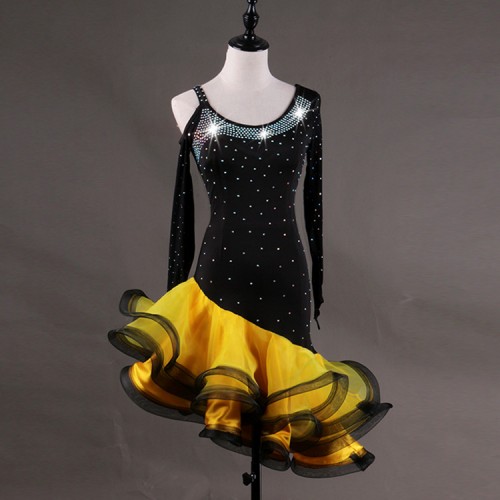 Competition latin dresses for women growth robe latine diamond pink yellow and black  stage performance salsa chacha rumba dancing costumes