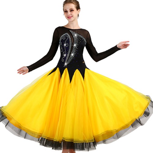 Custom ballroom competition dress for women black yellow patchwork diamond waltz tango stage performance long dresses