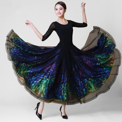 Custom size ballroom competition waltz dresses for women adult flamenco peacock tango long length big skirted stage performance dresses