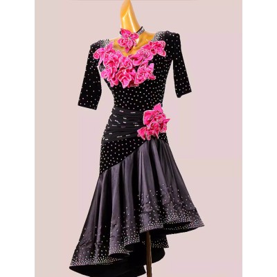 Custom size black fuchsia flowers competition latin dance dresses tango ballroom salsa rumba chacha dance gown for female