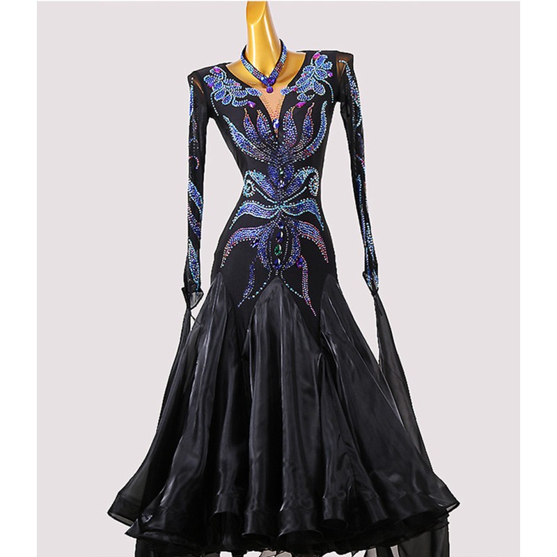 Custom size Black with blue diamond competition ballroom dancing dresses for women girls waltz tango foxtort world cup black pool ball room dance gown for female