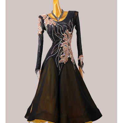 Custom size black with gold diamond competition ballroom dancing dresses for women girls waltz tango foxtrot smooth dance long skirts for female