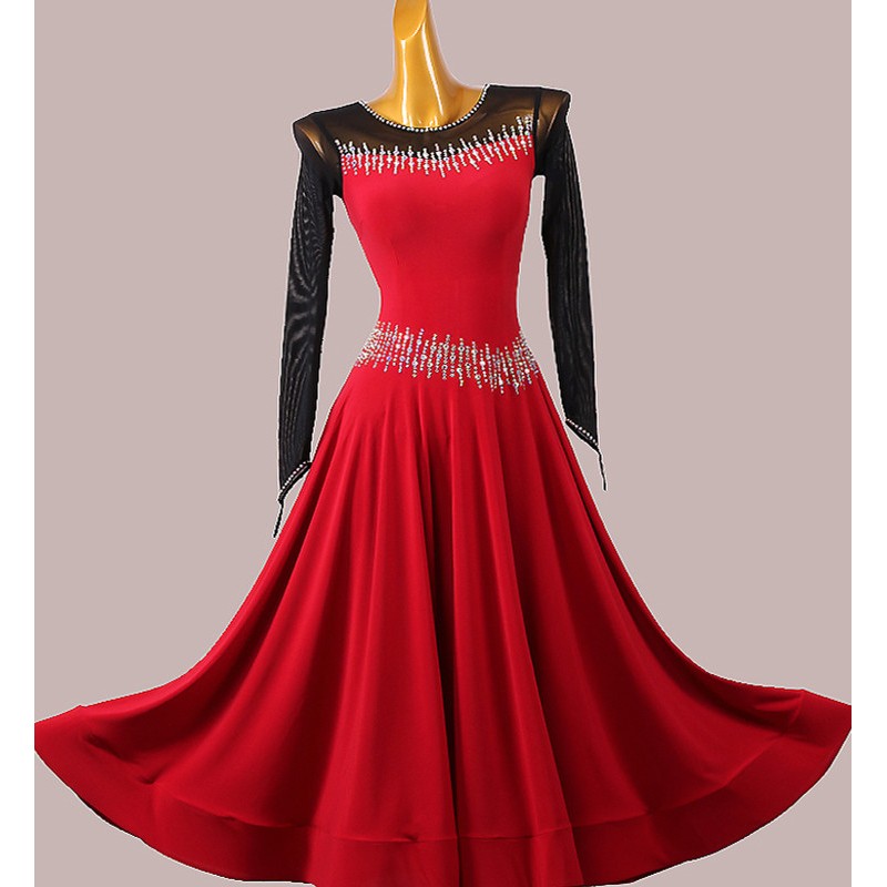 Women black red tassels v neck long sleeves latin dance dresses