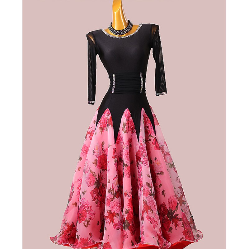 Custom size black with rose flowers ballroom dancing dresses for women girls kids waltz tango foxtrot smooth dance long skirt gown 