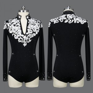Custom size black with white embroidered flowers competition latin ballroom dancing body shirts for youth men male kids professional salsa rumba chacha dance tops for man