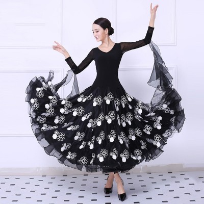 Custom size black with white flowers ballroom dancing dresses for women girls waltz tango foxtrot smooth  rhythm dance long skirt costumes for female