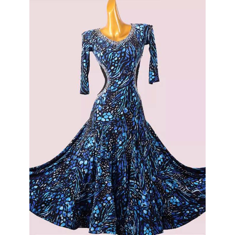 Custom size blue floral printed ballroom dance dresses for women girls waltz tango foxtrot smooth rhythm dancing long skirts for female