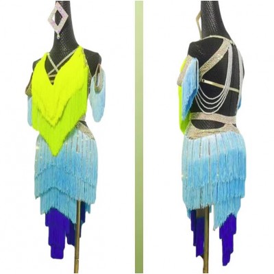 Custom size Blue with green tassels competition latin dance dresses for women girls salsa rumba chacha ballroom laitn dance costumes for female