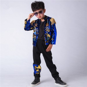 Custom size boys drummer jazz dance costumes  hiphop modern street performance dancing  outfits sequin green blue jacket and pants