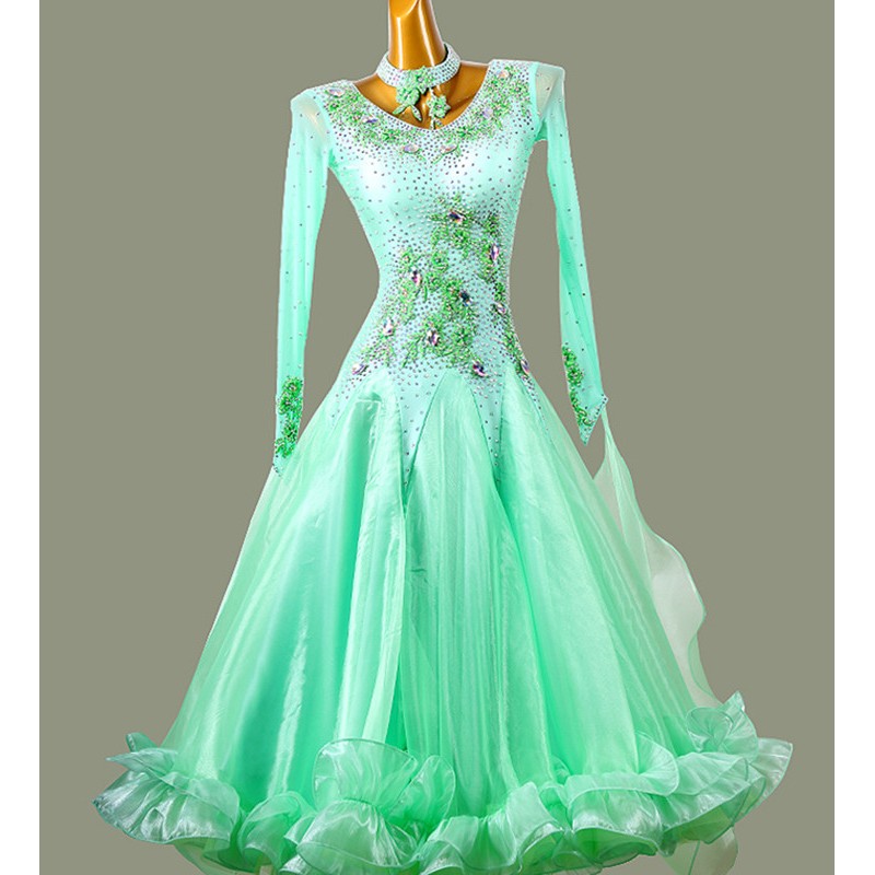 Custom size competition ballroom dance dress for women girls kids green color gemstones professional waltz tango foxtrot smooth dance gown for female