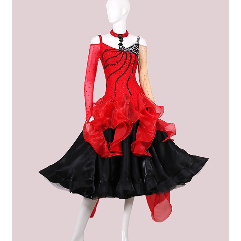 Custom Size Competition Black with red ballroom dance dress for women girls waltz tango foxtort smooth dance long dress stage performance gown
