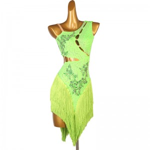 Custom size competition tassels fluorescent green latin dance dresses with diamond for women girls kids junior one shoulder fashion salsa cha cha performance outfits for female