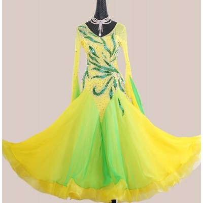 Custom size competition yellow with green diamond competition ballroom dance dresses flamenco dance dresses foxtort waltz tango performance dresses