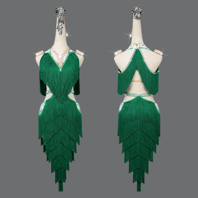 Custom size Dark Green Tassels Competition Latin Dance Dresses For Women Girls Salsa Rumba Cha Cha Dance Bling Costumes Outfits 