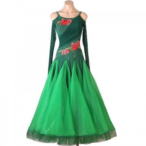 Custom size dark Green with red flowers competition ballroom dancing dresses for women girls waltz tango rhythm foxtrot smooth dance long skirt dresses