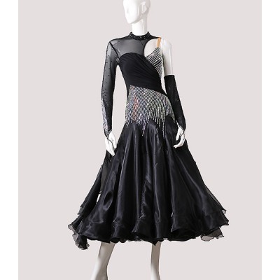 Custom size diamond black color women girls ballroom dance dresses one shoulder waltz tango flamenco foxtrot smooth dance long dresses