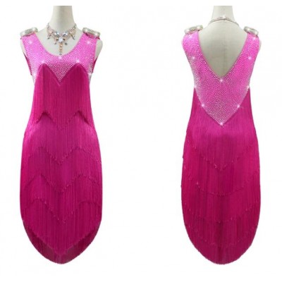 Custom size fuchsia fringe competition latin dance dresses with gemstones for girls women salsa rumba chacha rhythm dance wear cocktail party stage performance skirts