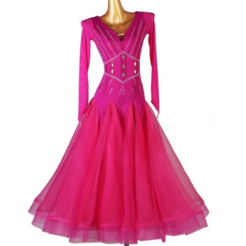 Custom size fuchsia hot pink competition ballroom dancing dresses for women girls kids children waltz tango foxtrot smooth dance long dress for female