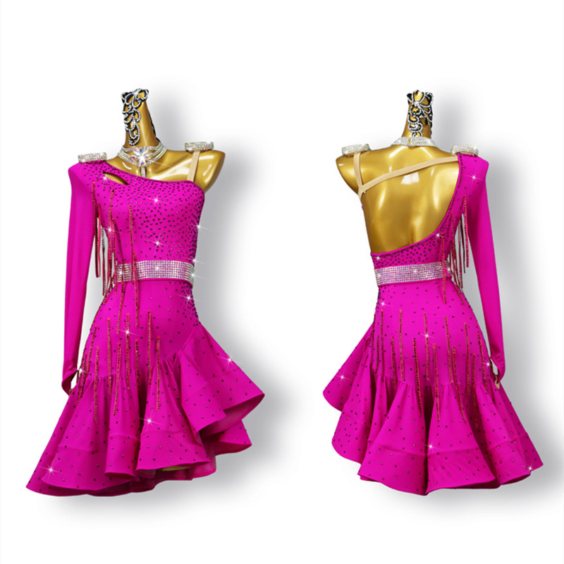 Custom size fuchsia hot pink competition one shoulder latin dance dresses with gemstones for women girls ballroom rhythm salsa chacha rumba dancing costumes for female
