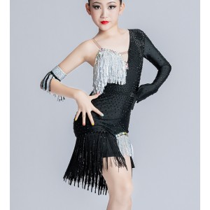 Custom size girls kids black with silver sequined fringe competition latin dance dresses one shoulder salsa chacha rumba performance outfits for girls