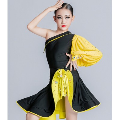 Custom size girls kids black with yellow slant neck rhinestones competition latin dance dresses Children kids professional salsa chacha dancing outfits forbaby