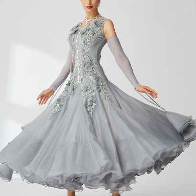 Custom size grey silver handmade competition ballroom dancing dresses for women girls bling  with diamond waltz tango foxtrot smooth dance long gown