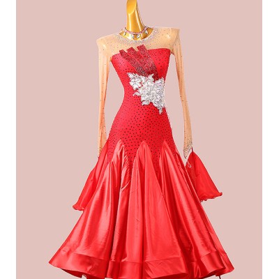 Custom size handmade competition gemstones red ballroom dancing dresses for women girls professional crystal rhiny waltz tango foxtrot smooth dance long gown