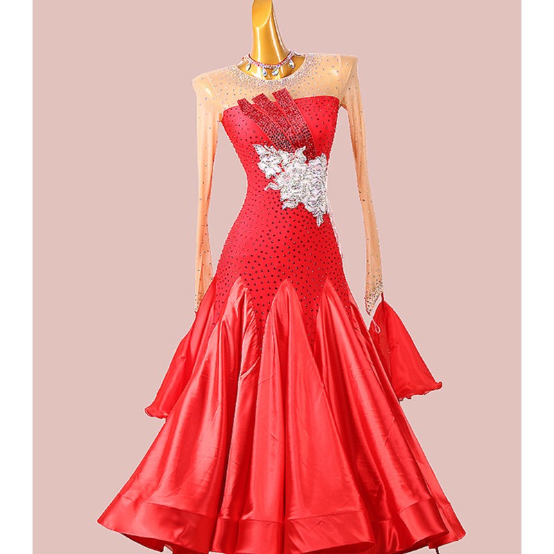 Custom size handmade competition gemstones red ballroom dancing dresses for women girls professional crystal rhiny waltz tango foxtrot smooth dance long gown