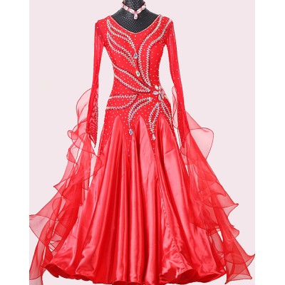 Custom size handmade red color women girls competition ballroom dance dress waltz tango foxtort professional smooth dance long dress for lady