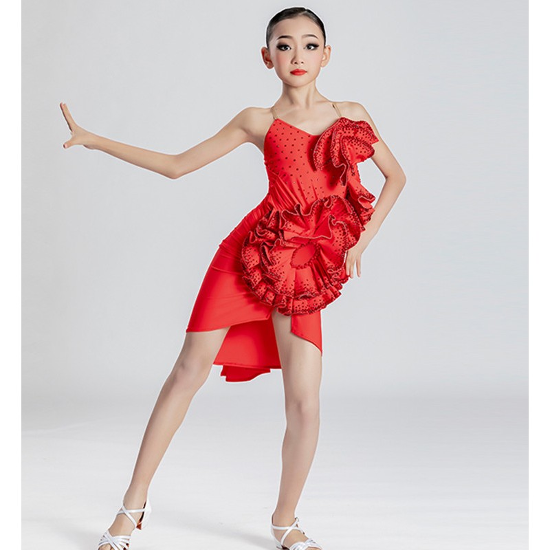 Custom size kids red colored competition diamond latin dance dress for girls kids professional salsa latin dance stage performance costumes model show dress