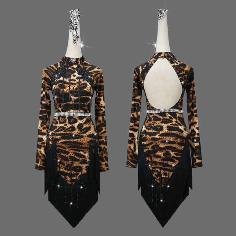 Custom size leopard gemstones fringe competition latin dance dresses for women girls salsa chacha dance costumes for fmeale