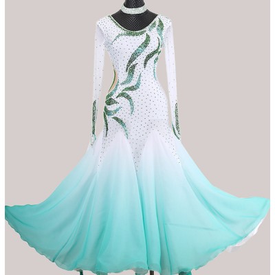 Custom size Mint green with white gradient color competition ballroom dance dress for women girls waltz tango flamenco dance foxtrot long dress for lady