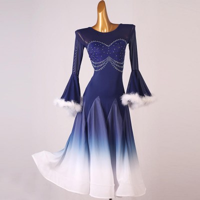 Custom size navy blue gradient with white feather competition ballroom dance dresses for women girls kids rhinstones waltz tango foxtrot smooth long gown for lady