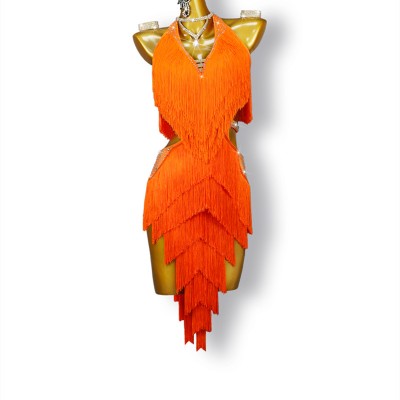 Custom size orange fringe competition latin dance dresses with diamond for women girls tassels salsa chacha dance skirts ballroom dancing costumes for female