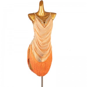 Custom size orange tassels competition flowy latin dance dresses for women girls kids professional sleeveless salsa chacha rumba performance outfits for female