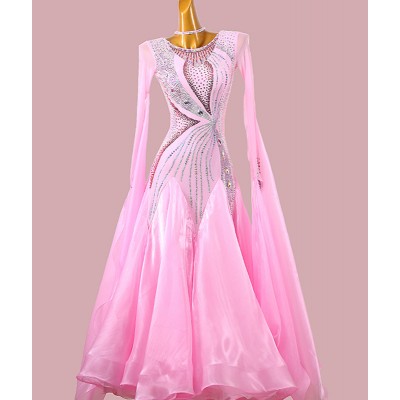 Custom size pink color competition ballroom dance dresses with gemstones professional waltz tango foxtrot smooth social dance long skirts