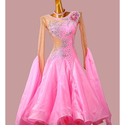 Custom size Pink competition ballroom dancing dresses with diamond for women girls kids sparkle bling waltz tango foxtrot smooth dance long skirts
