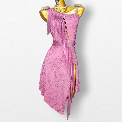 Custom size pink fringe competition latin dance dresses with diamond for women girls tassels ballroom dancing costumes for female