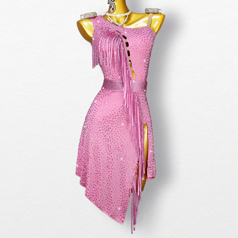 Custom size pink fringe competition latin dance dresses with diamond for women girls tassels ballroom dancing costumes for female