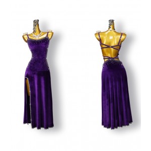 Custom size purple violet velvet latin dance dresses for women girls side slit salsa rumba chacha dance long skirts sling dress for lady