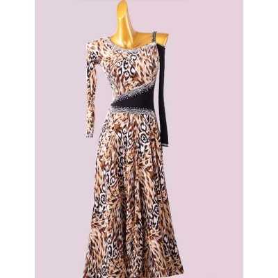 Custom size red brown leopard rhinestones competition ballroom dance dresses for women girls adult professional waltz tango foxtrot rhythm smooth dancing long gown