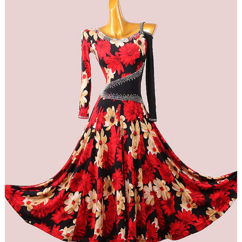 Custom size Red floral printed competition ballroom dancing dresses for women girls kids bling waltz tango foxtrot smooth dance long skirts rhythm dance gown 