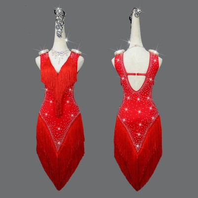 Custom size red tassels competition latin dance dresses for women girls kids fringe gemstones professional salsa latin ballroom performance skirts