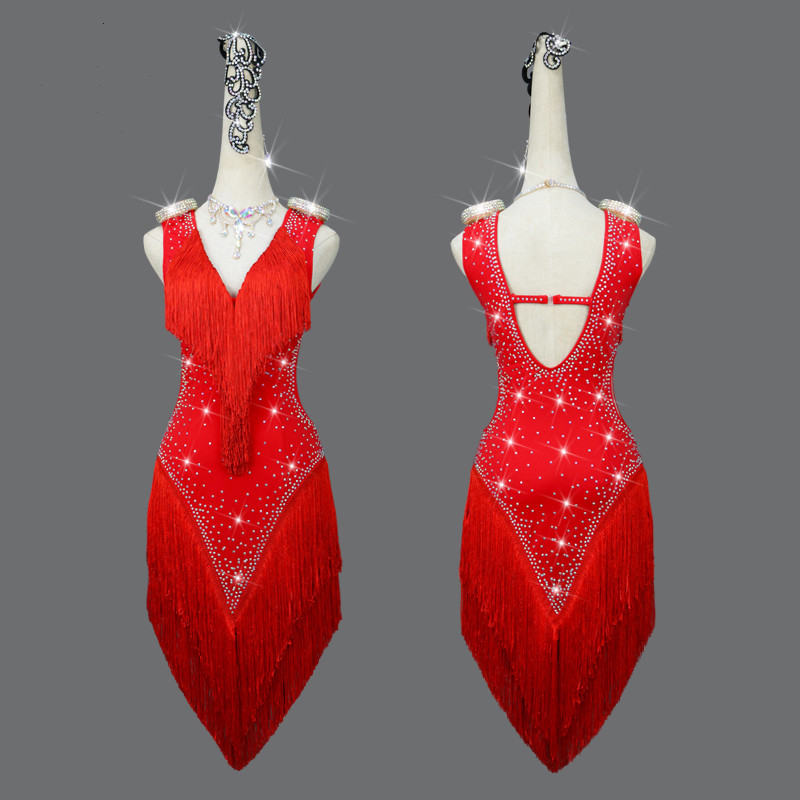 Custom size red tassels competition latin dance dresses for women girls kids fringe gemstones professional salsa latin ballroom performance skirts