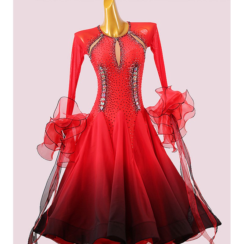 Custom size red with black gradient colored competition ballroom dance dress  with diamond for women girls foxtrot smooth dance long dress for female