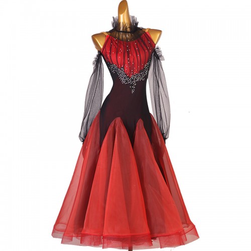 Custom size red with black tulle competition ballroom dance dresses for women girls waltz tango foxtrot smooth dance long dresses for female