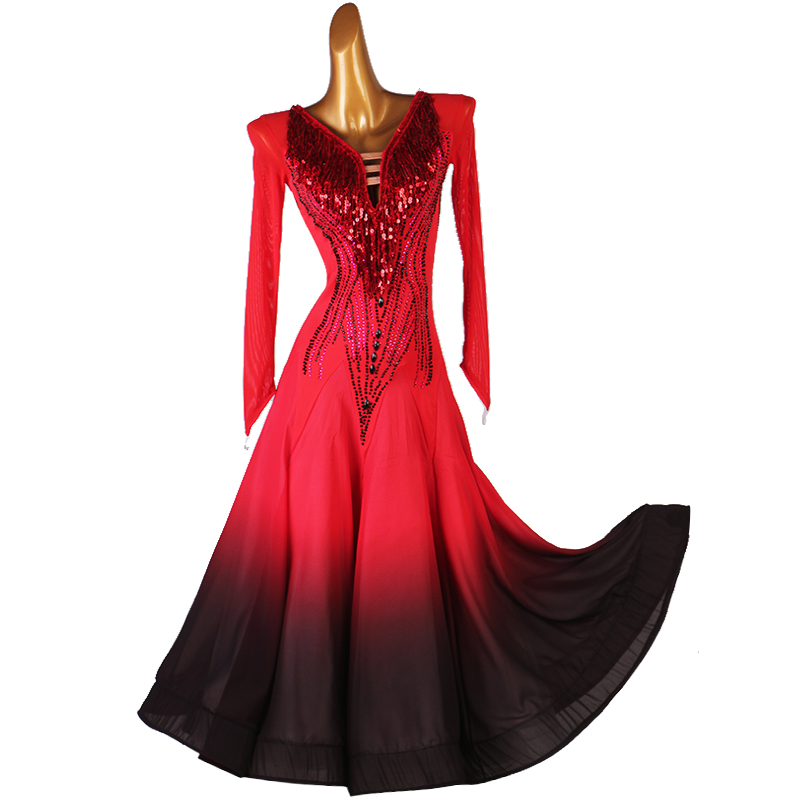 Custom size rhinestones black and red gradient competition ballroom dance dresses for women girls waltz tango dance dress for female