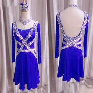 Custom size royal blue competition latin dresses for girls  women female stage performance children professional samba chacha rumba dance costumes