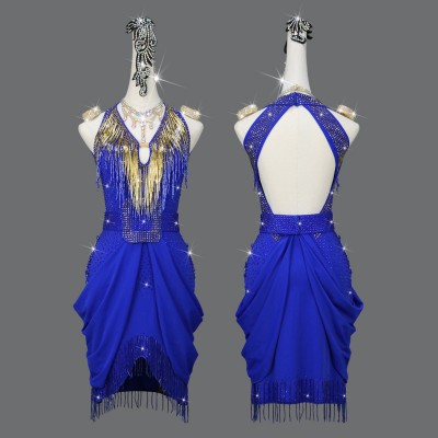 Custom size royal blue tassels competition latin dance dresses for women girls preteen professional handmade salsa chacha rumba performance costumes