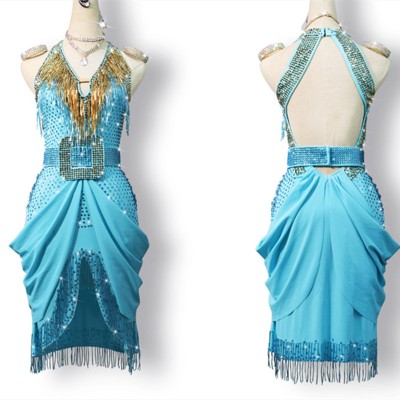 Custom size turquoise blue diamond competition latin dance dresses for women girls kids professional salsa chacha rumba dance costumes for female